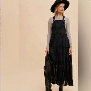 Boho Black Maxi Pinafore Dress with Ruffle Bib